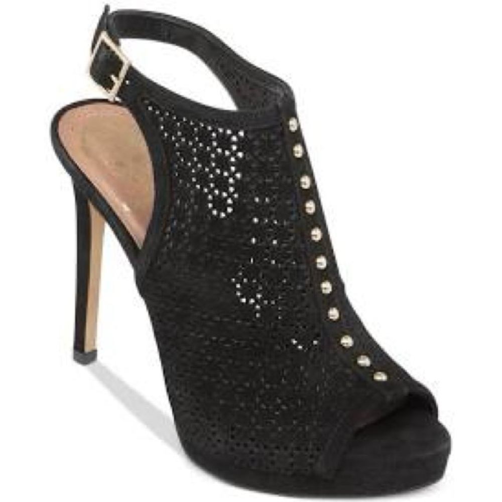Vince Camuto Black Peep-Toe Heels with Gold Accents